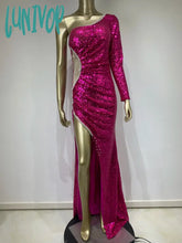 Lunivop Women Luxury Sexy One Shoulder Mesh Sequined Mermaid Pink Maxi Long Gowns Dress Elegant